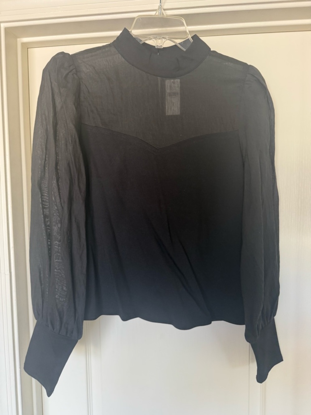 Anthropologie Black Sheer-Sleeve Mock Neck Blouse